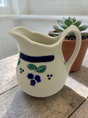 Hartstone Pottery Wild Blueberry Creamer USA Stoneware Blue White Pitcher